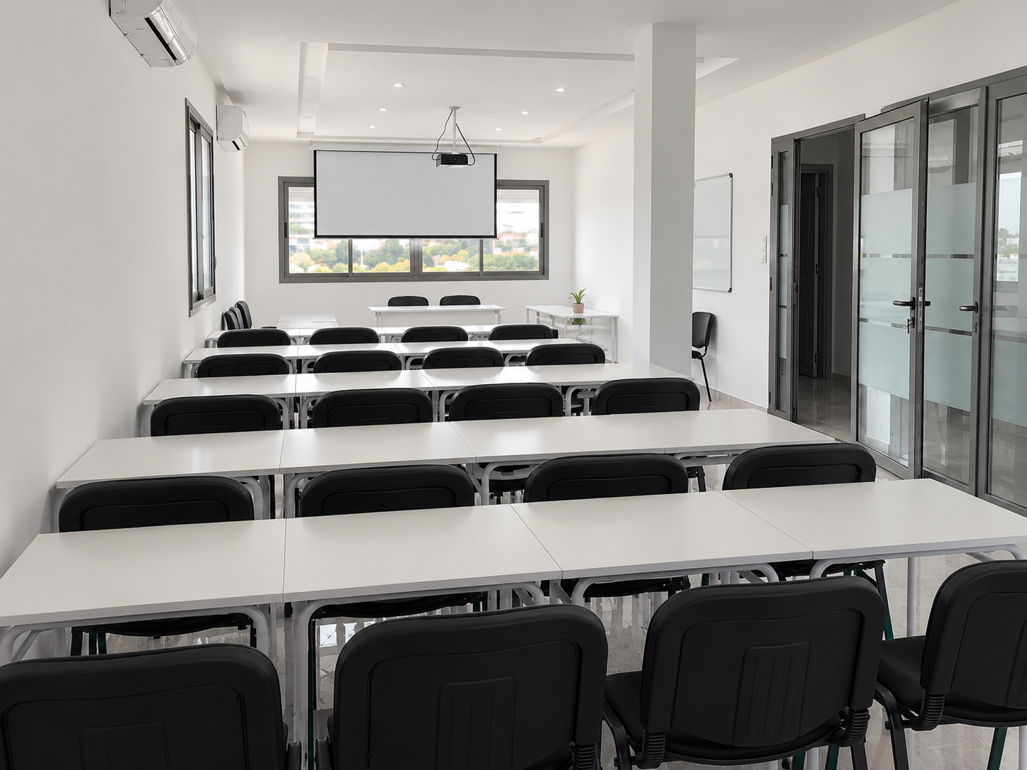 Empty 1337 Academy classroom, view from the rear corner